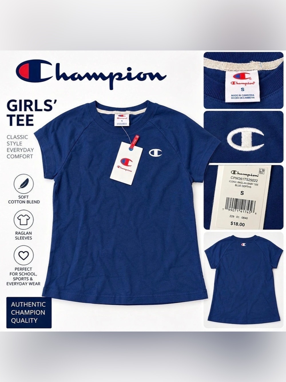 Champion Girls Iconic Raglan Tee – Blue Depths – Size Small – NWT